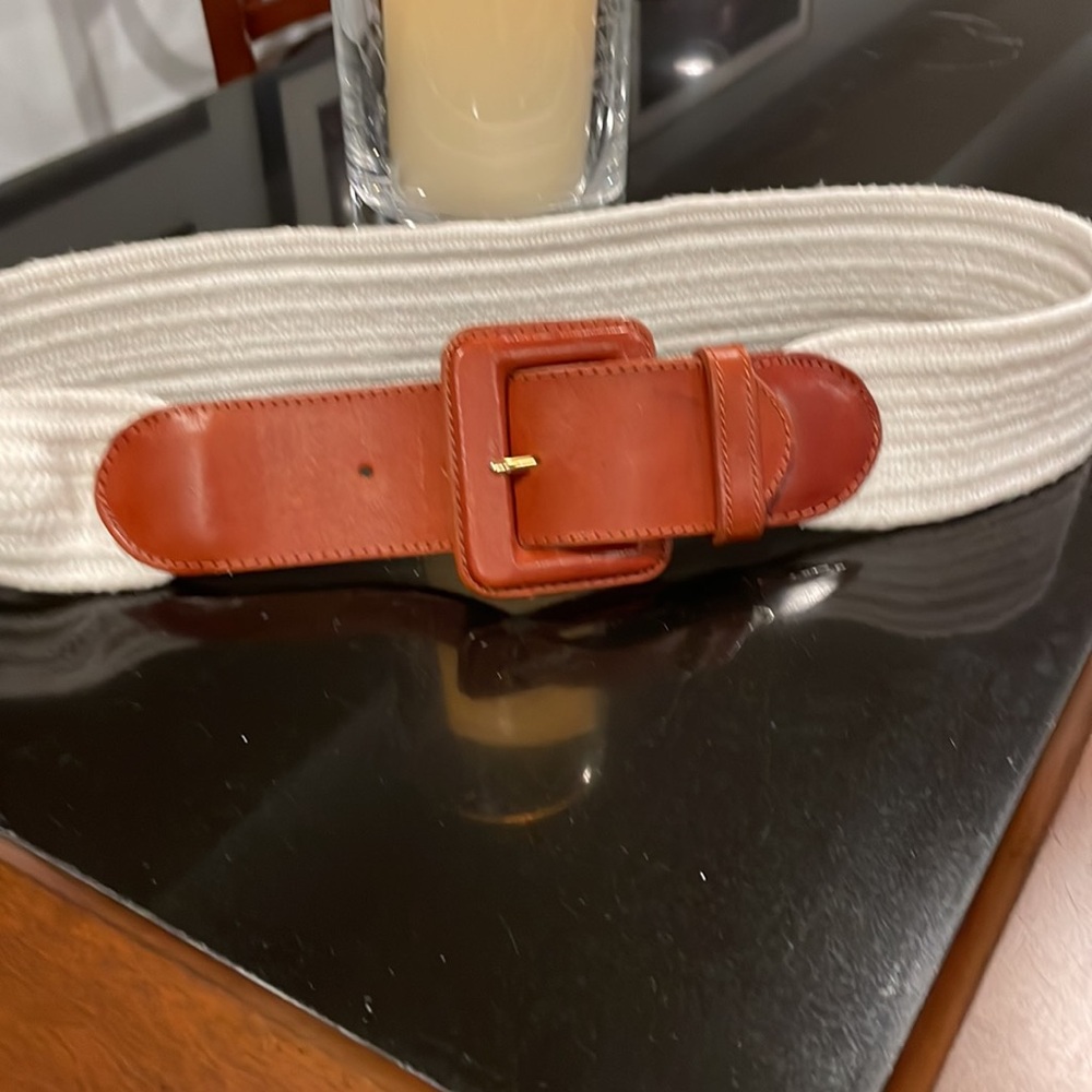 Talbots belt, leather 3”X2.5” buckle, creamy white stretch fabric, 36” long, M
